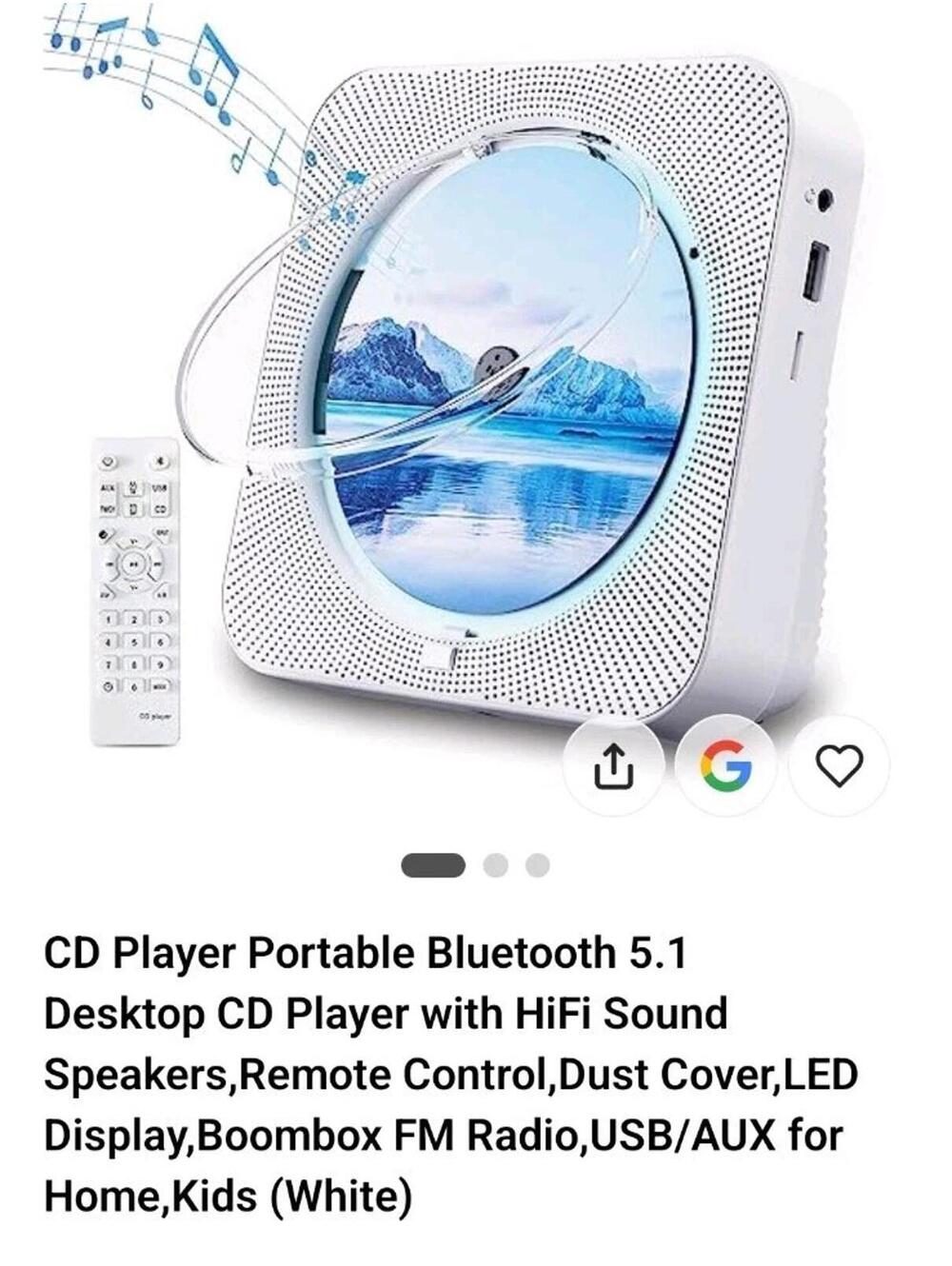 Portable Desktop CD Player Bluetooth 5.1 FM Radio USB AUX Remote White